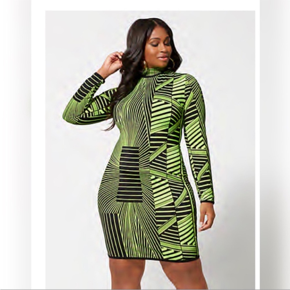 Fashion to Figure Stylish Black and Green Geometric Dress Sz 2
